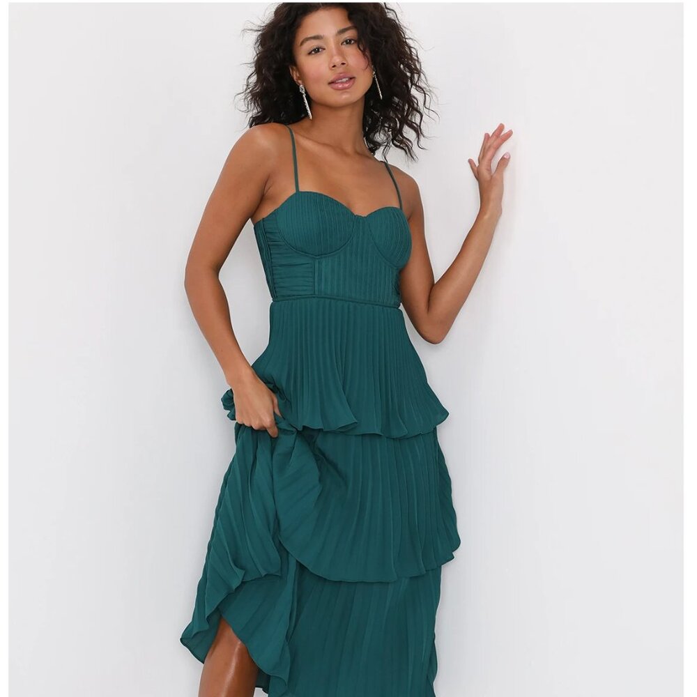 Cascading Crush Emerald Tiered Bustier Midi Dress XS